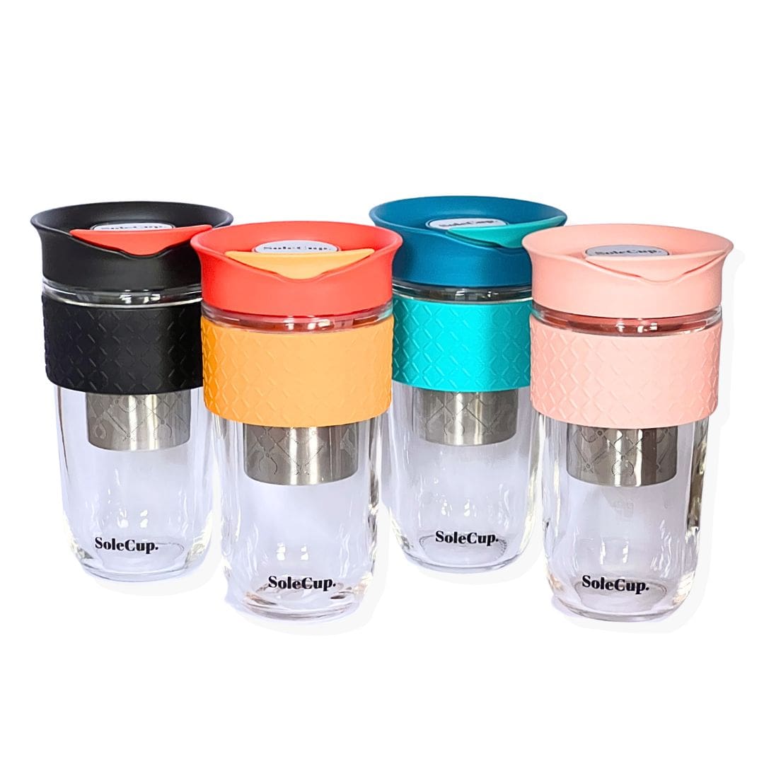 SoleCup Reusable Glass Travel Mug - Large (530ml / 18fl oz) | Black and Flame Orange Lid